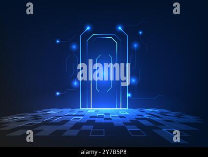 Gateway to the world of technology Doors made from technological circuits Represents the connection of digital data via the cyber internet. the entry Stock Vector