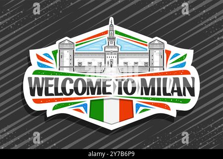 Vector logo for Milan, white decorative label with outline illustration of famous milan castello sforzesco on day sky background, art design refrigera Stock Vector