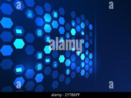 Security technology background, hexagon geometric shapes, inside there is a lock, electronic document file and sheet of documents, showing the entry t Stock Vector