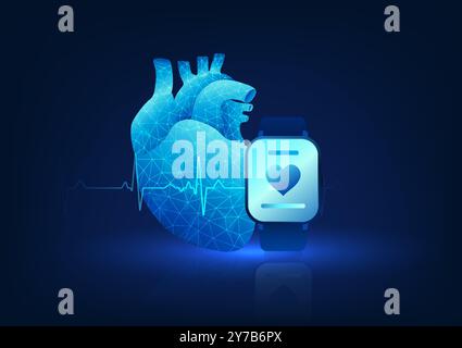 Smart watch technology that shows heart rate measurements It is a wristwatch that connects to a smartphone. A watch with a heart and a heart on the ba Stock Vector