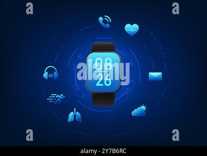 Smart watch technology, a wristwatch that shows the time on the back as a circle of technology and has functions for measuring heart rate, health, lis Stock Vector