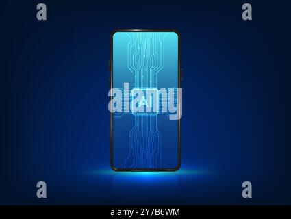 Artificial intelligence AI technology is used in smartphone systems to make the processing more responsive to users. Mobile phones with AI chips are c Stock Vector