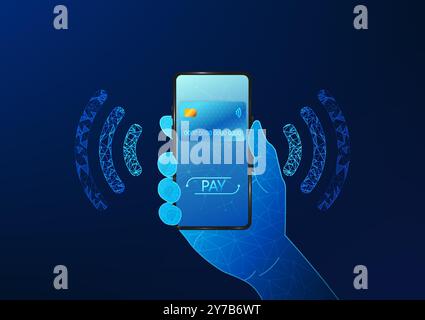 Smartphone technology with NFC scanning system for contactless mobile payments, no need to carry credit cards and wallets. Mobile phones with credit c Stock Vector