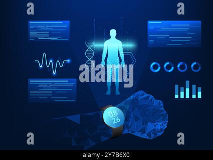 Smart watch technology, is a wristwatch that projects a hologram of body data, heart rate, and has a function to measure walking distance, sleep, and Stock Vector