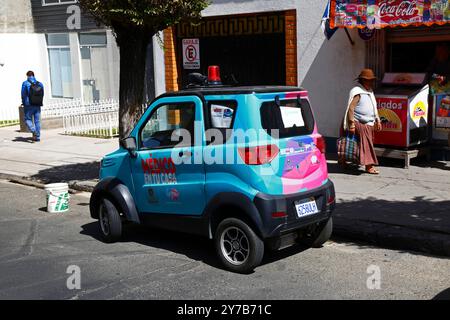 A small electric car made by Quantum Motors that belongs to the La Paz Municipal Government and is part of the 'Medico en tu Casa' project to provide medical services and doctors visits to the homes of people who can't visit hospitals or clinics. The services started in April 2023. Quantum Motors is a company based in Cochabamba that has been producing small battery powered vehicles, assembled from parts imported from mainly China, since 2019. Stock Photo