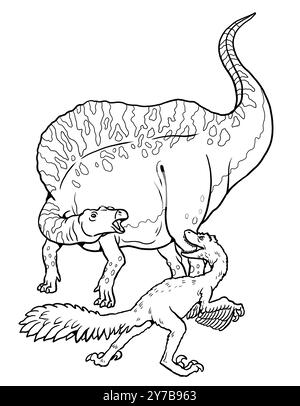 Predatory dinosaur Troodon attacks Ouranosaurus. Battle between two dinosaurs for coloring. Stock Photo