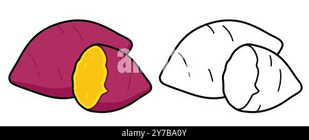 Sweet potato illustration, colored drawing and black and white line icon. Cooked vegetable. Cartoon drawing, vector clipart. Stock Vector