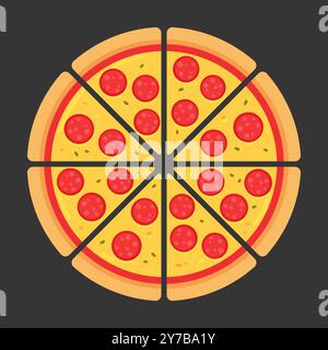 Pepperoni pizza cut into eight slices. Cartoon vector illustration. Stock Vector