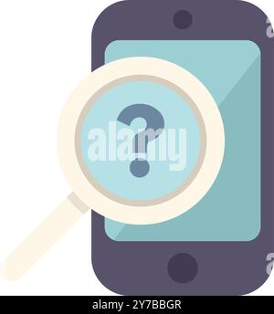 Magnifying glass is hovering over a smartphone with a question mark displayed on its screen Stock Vector
