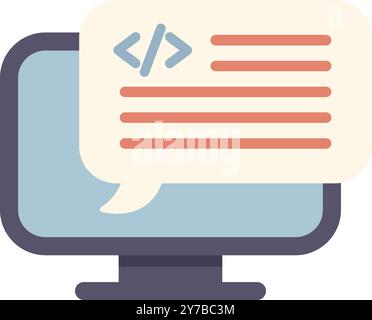 This simple icon depicts a computer with a speech bubble coming from it that contains code Stock Vector