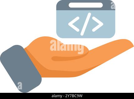 Hand is holding up a window showing programming code, representing web development Stock Vector
