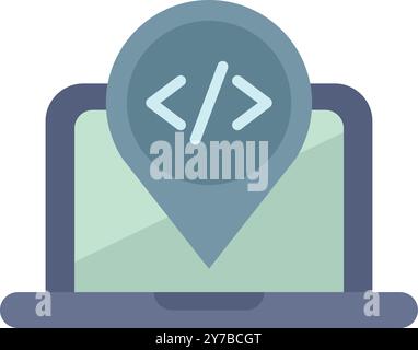 Location pin is appearing from a laptop, showing code brackets inside, representing the concept of coding location Stock Vector