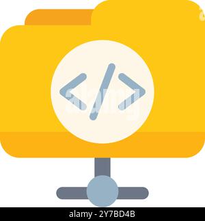 Yellow folder icon with programming code symbol representing shared network folder Stock Vector