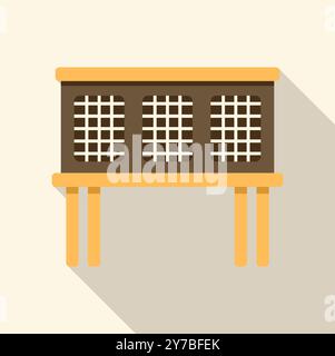 This illustration showcases a wooden hutch designed for housing small animals, featuring a metal grid and sturdy legs for support Stock Vector