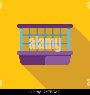 Empty rectangular purple bird cage with blue grid on yellow background with long shadow, perfect for animal and pet related designs Stock Vector