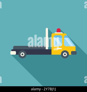 Yellow tow truck with emergency lights on is delivering cargo using empty road with long shadow, logistics and delivery concept Stock Vector