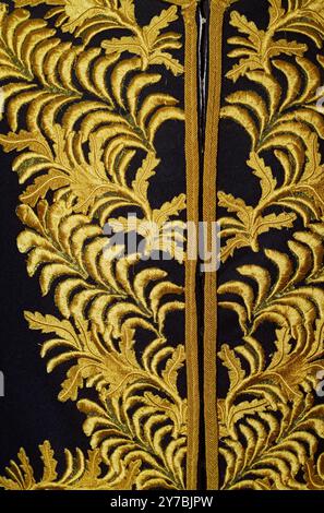 Gilded Thread Embroidery Decoration On The Chest Of A Black Cloth Tail Coat, Highcliffe Castle, UK Stock Photo