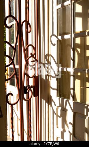 Shadow of Ornate Wrought Iron Gate on Glass Door Stock Photo