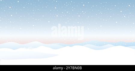Winter holiday background. Blue sky nature landscape with snowy hills and trees. Christmas background with blue sky, snowfall, snowflakes, snowdrifts. Stock Vector