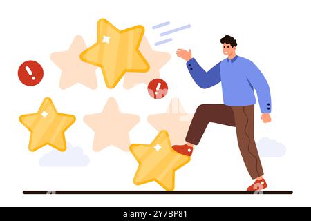 Negative and bad customer feedback, complaint and dislike comment in social media. Tiny angry man throwing rating star of poor quality product or failure of service cartoon vector illustration Stock Vector