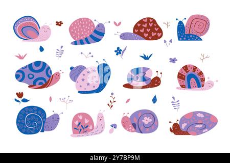 Cute snails set. Blue and purple baby slugs with different patterns on spiral shells, snails design with stars and scribble, garden flowers and leaf, geometric shapes cartoon vector illustration Stock Vector