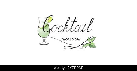 Continuous one line drawing of two glasses of red wine. Minimalist holiday concept. Cocktail drink glass with calligraphic lettering Cocktail. Stock Vector
