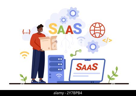 SaaS, software as service. Tiny man with digital app box, online subscription platform, application with remote usage and cloud data technology, server infrastructure cartoon vector illustration Stock Vector