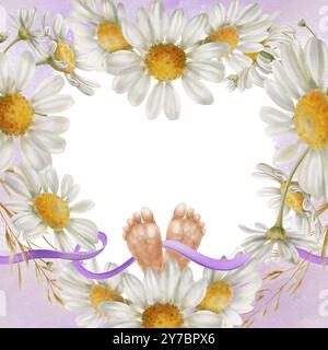 Heart-shape frame of white Daisies and dried flowers with baby’s feet and purple ribbon as a symbol of world prematurity day on watercolor Stock Photo