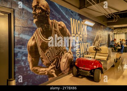 CHICAGO, Ill. – August 21, 2024: An image of former Chicago Bulls basketball player Michael Jordan is seen at the United Center in Chicago. Stock Photo