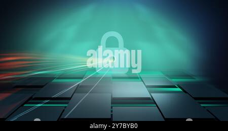 Abstract digital security concept with a lock icon and futuristic grid background. Stock Photo
