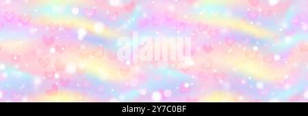 Fantastic sweet pink seamless pattern with hearts and bubbles. Candy unicorn bg with bokeh effect. Watercolor rainbow in pastel sky. Princess gradient Stock Vector