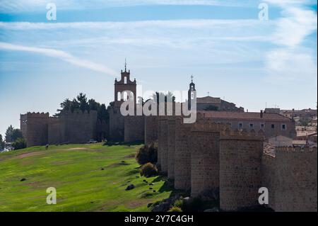 View of the battlements and towers of the Wall of Avila (Spain) Stock Photo