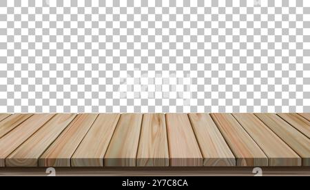 Wooden floor. Wood table. Hardwood desk. Top of wall board. Spring plank texture surface in perspective. Product material. Timber parquet. Interior shelf. Rustic flooring. Vector tabletop background Stock Vector