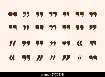Quotation marks. Comma speech sign. Double graphic logo. Square quote symbol. Inverted graphic text. Opinion comment. Communication remark. Dialog textbox. Chat punctuation. Vector citation icons set Stock Vector
