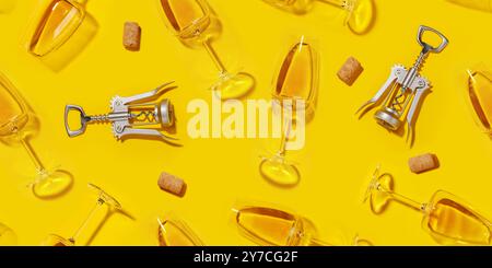 Seamless flat lay background with white wine glasses evenly arranged over a vibrant yellow backdrop, creating a bright and elegant visual Stock Photo