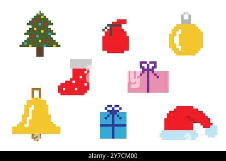 et of vector pixel objects. Christmas Icon for a Pixel Game, Holiday Cards or Festive Scrapbooking Elements. Stock Vector