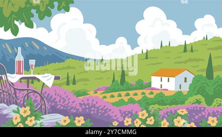 Beautiful summer landscape with flowers, a table with a bottle of wine and a glass. French resort Provence. House with a vineyard. Travel, vacation an Stock Vector