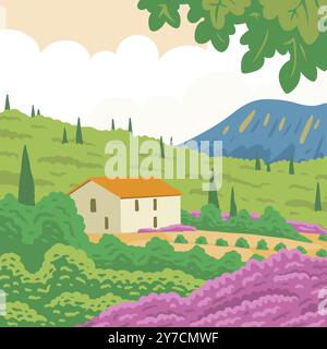 Beautiful rural southern landscape with nature and house. Farm vineyards, cypress trees, lavender flowers and mountains. French Provence. Vector art i Stock Vector