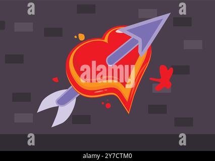Cartoon illustration of a red heart pierced by an arrow graffiti painted on a brick wall Stock Vector