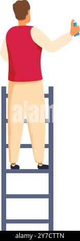 Painter is standing on a ladder using spray paint to reach high while working Stock Vector