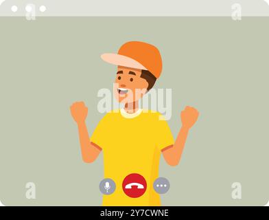Cheerful teenager wearing a baseball cap is making a video call and celebrating success with his arms raised Stock Vector