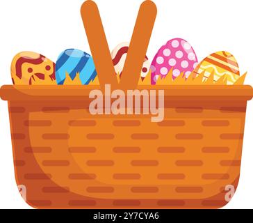 This vector illustration shows a wicker basket containing easter eggs with colorful patterns, perfect for easter themed projects Stock Vector
