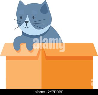 Blue gray cat sitting inside open cardboard box, cute pet playing at home Stock Vector