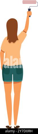 Woman is painting a wall with a paint roller, working on home improvement Stock Vector