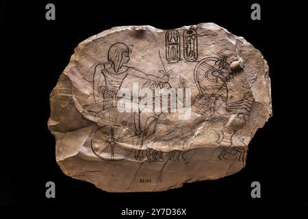 Ostracon depicting Ramses IV in a chariot, 20th Dynasty, New Kingdom from the exhibition: Ramses the Great and the Gold of the Pharaohs, Cologne, Nort Stock Photo