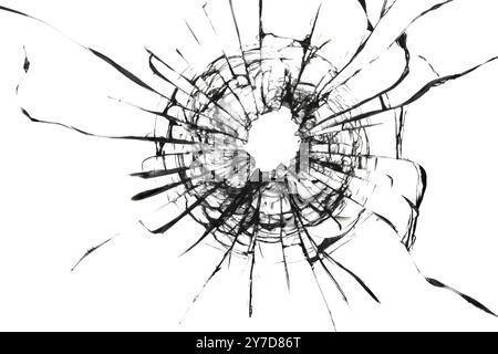 Shot hole, texture of cracks on the glass. Broken windshield. Damaged car window Stock Photo