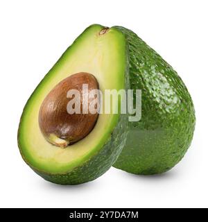 Two avocados, whole and half, isolated on white background Stock Photo
