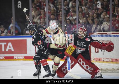 LanxessArena, Cologne, North Rhine-Westphalia, Veli-Matti Vittasmaeki (Cologne Sharks, #47), Cole Maier (Nuremberg Ice Tigers, #14), Mirko Pantkowski Stock Photo