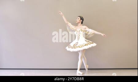 Young beautiful woman ballet dancer in a white tutu practicing classical dance steps in studio before performance Stock Photo