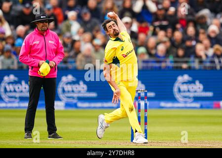 Bristol, UK, 29 September 2024. Australia's Mitchell Starc bowling during the Fifth Metro Bank One Day International match between England and Australia. Credit: Robbie Stephenson/Gloucestershire Cricket/Alamy Live News Stock Photo